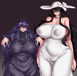 Rule 34 | 2girls, @ @, bare shoulders, black eyes, black hair, blush, breasts, cameltoe, colored sclera, covered erect nipples, creatures (company), crossover, dress, drooling, female focus, game freak, gen 1 pokemon, gengar, hair between eyes, hasshaku-sama, hat, hex maniac (pokemon), huge breasts, long hair, long sleeves, looking at viewer, messy hair, multiple girls, nail polish, nintendo, nipples, no bra, npc trainer, open mouth, pokemon, pokemon (creature), pokemon xy, purple dress, purple eyes, pussy, red sclera, saliva, simple background, size difference, sleeveless, sleeveless dress, standing, sun hat, sundress, sweat, turtleneck, very long hair, wavy mouth, white dress, white headwear, yasuaki023