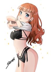 Rule 34 | 1girl, arm tattoo, artist name, bad id, bad pixiv id, black bra, black panties, blue eyes, blush, bra, breasts, brown hair, clothes lift, earrings, jewelry, lifted by self, long hair, looking at viewer, looking to the side, medium breasts, navel, o-ring, o-ring top, panties, parted lips, saruei, shirt, shirt lift, short sleeves, solo, sparkle, stud earrings, suicide girls, tattoo, underwear, undressing, white background, white shirt