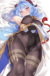 Rule 34 | 1girl, bed sheet, blue hair, blush, bodystocking, breasts, cameltoe, cle masahiro, closed mouth, covered navel, detached sleeves, ganyu (genshin impact), genshin impact, gloves, gold trim, gradient hair, highres, horns, leotard, leotard pull, leotard under clothes, lifting own clothes, long hair, looking at viewer, lying, medium breasts, multicolored hair, on back, pantyhose, pulling own clothes, purple eyes, shiny clothes, simple background, skin tight, solo