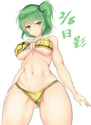 Rule 34 | 10s, 1girl, bare shoulders, bikini, breasts, cleavage, curvy, green hair, hikage (senran kagura), large breasts, navel, parted lips, senran kagura, side ponytail, solo, swimsuit, thick thighs, thighs, underboob, wide hips, yellow eyes