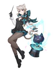Rule 34 | 1girl, absurdres, animal ears, aqua bow, black dress, black footwear, black gloves, black hat, blunt bangs, boots, bow, breasts, cat ears, cat tail, commentary request, dress, facial mark, full body, genshin impact, gloves, grey hair, grey pantyhose, hair bow, hand up, hat, heshandepingtouge, highres, holding, holding wand, long hair, looking at viewer, lynette (genshin impact), microdress, pantyhose, purple eyes, shrug (clothing), simple background, small breasts, solo, spring (object), star (symbol), tail, thighs, top hat, very long hair, wand, white background