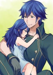 Rule 34 | 1boy, 1girl, aged down, ameno (a meno0), black gloves, blue dress, blue eyes, blue hair, blush, buttons, chrom (fire emblem), closed mouth, collarbone, commentary request, crying, crying with eyes open, dress, father and daughter, fire emblem, fire emblem awakening, gloves, hair between eyes, hug, long hair, looking at another, lucina (fire emblem), nintendo, short hair, sleeveless, smile, tears