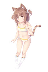 Rule 34 | 1girl, :&lt;, animal ear fluff, animal ears, azuki (nekopara), bare arms, bare shoulders, bow, bra, brown eyes, brown hair, cat ears, cat girl, cat tail, closed mouth, commentary request, full body, hair bow, highres, looking at viewer, navel, nekopara, no shoes, panties, revision, sakuraba hikaru (loveindog), simple background, socks, solo, strap slip, tail, two side up, underwear, underwear only, white background, white bow, white bra, white panties, white socks