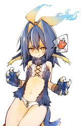 Rule 34 | :p, animal hands, blue hair, boned meat, claws, engawa oishii, flat chest, food, gloves, highres, meat, midriff, multicolored hair, navel, paw gloves, simple background, smile, tail, tongue, tongue out, white background