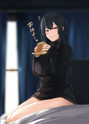 Rule 34 | 1girl, black sweater, blurry, blurry background, bread slice, breasts, closed mouth, curtains, day, depth of field, eyebrows hidden by hair, fang, fang out, food, hair between eyes, hands up, highres, holding, holding food, indoors, large breasts, long hair, long sleeves, looking at viewer, meth (emethmeth), notice lines, on bed, original, red eyes, ribbed sweater, sitting, sleeves past wrists, smile, solo, sunlight, sweater, toast, translated, turtleneck, turtleneck sweater, very long hair, window