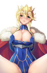 Rule 34 | 1girl, aqua eyes, artoria pendragon (fate), artoria pendragon (lancer) (fate), bare shoulders, blonde hair, blue gloves, blue leotard, blush, braid, breasts, cape, cleavage, cleavage cutout, clothing cutout, commentary, covered navel, crown, elbow gloves, fate/grand order, fate (series), french braid, fur-trimmed cape, fur trim, gloves, groin, hair between eyes, head tilt, heattech leotard, highres, koflif, large breasts, leotard, long hair, looking at viewer, parted lips, red cape, revision, round teeth, sidelocks, simple background, sitting, solo, spread legs, teeth, turtleneck, upper teeth only, white background