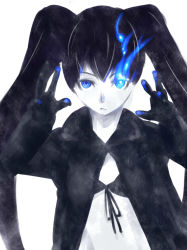 Rule 34 | 10s, 1girl, bikini, bikini top only, black hair, black rock shooter, black rock shooter (character), blue eyes, caw=zoo, cloak, coat, flat chest, front-tie top, gloves, glowing, glowing eye, glowing eyes, hood, hooded jacket, jacket, long hair, midriff, pale skin, simple background, solo, staring, swimsuit, twintails, uneven twintails, very long hair, vocaloid