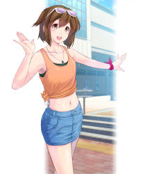 Rule 34 | 1girl, :d, alternate costume, bare shoulders, brown hair, casual, cowboy shot, denim, denim skirt, eyewear on head, highres, hiryuu (kancolle), jewelry, kantai collection, looking at viewer, map (blue catty), midriff, navel, necklace, one side up, open mouth, orange tank top, short hair, skirt, smile, solo, sunglasses, tank top