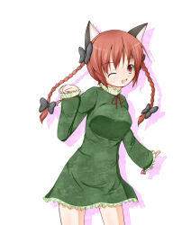 Rule 34 | 1girl, animal ears, bow, braid, cat ears, cat girl, cat tail, dress, fang, female focus, garasuita, hair bow, highres, kaenbyou rin, multiple tails, one eye closed, open mouth, red eyes, red hair, ribbon, simple background, smile, solo, tail, touhou, twin braids, wink