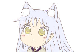 Rule 34 | 1girl, :&lt;, angel beats!, animal ears, blush, cat ears, commentary, commentary request, cowlick, from side, gyate gyate, hair ornament, hairclip, jacket, key (company), long hair, looking to the side, neck ribbon, ribbon, school uniform, shirt, silver hair, simple background, solo, sweatdrop, taeminhyeon, tenshi (angel beats!), upper body, white background, white shirt, yellow eyes
