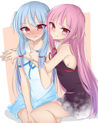 Rule 34 | 2girls, bare arms, bare legs, bare shoulders, blue hair, blush, breasts, bright pupils, closed mouth, commentary request, couple, dress, embarrassed, eyes visible through hair, highres, kotonoha akane, kotonoha aoi, light blue hair, long hair, looking at viewer, multiple girls, nose blush, pink hair, red eyes, short dress, siblings, sideboob, sidelocks, sisters, sitting, sketch, smile, sweat, tsurime, very long hair, voiceroid, wavy eyes, wavy mouth, white pupils, yuri