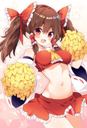 Rule 34 | 1girl, :d, adapted costume, alternate hairstyle, ascot, bare shoulders, blush, bow, breasts, brown hair, commentary request, cowboy shot, crop top, detached sleeves, frilled ascot, frilled bow, frills, gradient background, groin, hair between eyes, hair bow, hair tubes, hakurei reimu, highres, holding, holding pom poms, long hair, looking at viewer, maturiuta sorato, medium breasts, midriff, miniskirt, navel, open mouth, pink background, pom pom (cheerleading), pom poms, red bow, red eyes, red skirt, sidelocks, skirt, smile, solo, standing, star (symbol), stomach, touhou, twintails, yellow ascot