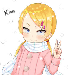 Rule 34 | 1girl, atg (wttoo0202), blonde hair, blue eyes, blush, child, christmas, closed mouth, commentary request, hair ornament, hairclip, hand up, long hair, long sleeves, looking at viewer, low twintails, original, pink sweater, sanpaku, scarf, simple background, smile, snowing, solo, sweater, swept bangs, twintails, upper body, v, white background, white scarf