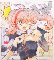 Rule 34 | 1990s (style), 1girl, ;o, ahoge, bare shoulders, bat (animal), bat wings, black choker, black nails, breasts, candy, chain, character request, choker, cleavage, collarbone, copyright request, crop top, demon tail, fang, food, fukatsuki mizuki, halloween, heart, heart in eye, highres, jewelry, lollipop, looking at viewer, midriff, multicolored hair, one eye closed, open mouth, painting (medium), pink hair, pointing, pointing at self, pointy ears, red hair, retro artstyle, ring, small breasts, solo, streaked hair, symbol in eye, tail, traditional media, twintails, upper body, watercolor (medium), wings, wrapped candy