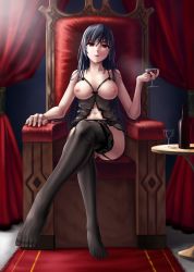 Rule 34 | 1girl, alcohol, babydoll, bad id, bad pixiv id, black hair, bottle, bottomless, breastless clothes, breasts, cloel, collarbone, crossed legs, cup, cupping glass, curtains, drinking glass, feet, full body, garter belt, highres, lace, lace-trimmed legwear, lace trim, lingerie, long hair, looking at viewer, navel, nipples, no shoes, original, parted lips, pussy, red eyes, rug, sitting, smile, solo, spaghetti strap, table, thighhighs, throne, toes, underwear, underwear only, wine, wine bottle, wine glass