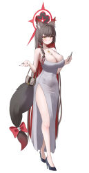 Rule 34 | 1girl, absurdres, animal ears, bag, black nails, blue archive, blush, braid, breasts, cellphone, cleavage, dongtan dress, dress, emil (386), halo, handbag, high heels, highres, holding, holding phone, large breasts, long hair, looking at viewer, meme attire, multicolored hair, nail polish, phone, solo, tail, thighs, two-tone hair, wakamo (blue archive), white background