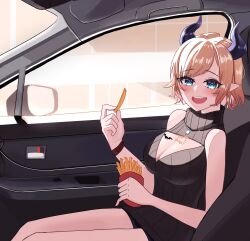 Rule 34 | 1girl, black sweater, blonde hair, blue eyes, blush, breast tattoo, breasts, car interior, chrispy tuna, cleavage, cleavage cutout, clothing cutout, demon girl, demon horns, earrings, food, french fries, highres, hololive, horns, jewelry, large breasts, meme attire, necklace, open-chest sweater, open mouth, pointy ears, short hair, sleeveless, sleeveless sweater, smile, sweater, tattoo, turtleneck, turtleneck sweater, virtual youtuber, yuzuki choco, yuzuki choco (streetwear)
