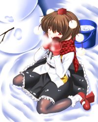 Rule 34 | 1girl, black pantyhose, black skirt, blouse, breathing on hands, brown hair, from above, hat, highres, looking at viewer, mary janes, mittens, no wings, outdoors, pantyhose, plaid, plaid scarf, red eyes, red mittens, red scarf, scarf, shameimaru aya, shirt, shoes, short hair, sitting, skirt, snow, solo, tatsuya (guild plus), tokin hat, touhou, white shirt