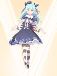 Rule 34 | 12-gauge orion flare gun, 1girl, blue hair, dress, flare gun, full body, gun, hair ribbon, handgun, hat, highres, last origin, light blue hair, long hair, looking at viewer, lrl (last origin), mary janes, nabiyan, open mouth, orion flare gun, orion safety products, pantyhose, pistol, ribbon, sailor dress, shoes, single shoe, smile, solo, striped clothes, striped pantyhose, torn clothes, torn dress, torn pantyhose, two side up, weapon, wrist cuffs, yellow eyes