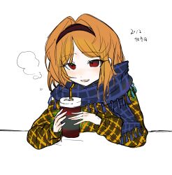 Rule 34 | 1other, absurdres, adapted costume, androgynous, bingkuaihei, blue scarf, blush, chinese commentary, colored skin, commentary request, drink, hair intakes, hairband, highres, holding, holding drink, len&#039;en, long sleeves, medium hair, open mouth, orange hair, other focus, plaid, plaid hairband, plaid scarf, red eyes, red hairband, scarf, sketch, smile, solo, tassel, translation request, white skin, zuifeng tenkai