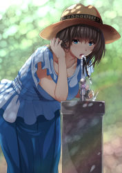 Rule 34 | 10s, 1girl, adjusting hair, bent over, black hair, blue eyes, blurry, bokeh, breasts, depth of field, dress, drinking fountain, hat, highres, idolmaster, idolmaster cinderella girls, jewelry, large breasts, leaning forward, long hair, murasame nohito, necklace, open mouth, sagisawa fumika, solo, sparkle, straw hat, sun hat, water