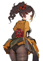 Rule 34 | 1girl, absurdres, ass, brown hair, chiori (genshin impact), cowboy shot, drill hair, genshin impact, gloves, haori, highres, japanese clothes, long hair, looking at viewer, mini2chainz, pantyhose, ponytail, red eyes, short sleeves, sketch, solo, standing, thighs