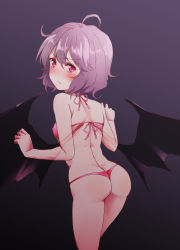 Rule 34 | 1girl, ahoge, ass, bat wings, bikini, black background, black wings, blush, butt crack, closed mouth, dra (area-s), from behind, highres, looking at viewer, looking back, purple hair, red bikini, red eyes, remilia scarlet, short hair, solo, standing, sweatdrop, swimsuit, touhou, wings