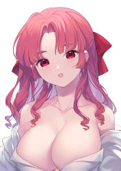Rule 34 | 1girl, absurdres, bare shoulders, breasts, character request, cleavage, collarbone, commentary, highres, large breasts, long hair, looking at viewer, may (2747513627), off shoulder, parted bangs, parted lips, pink hair, red eyes, red lips, ringlets, sayonara wo oshiete, shirt, simple background, solo, symbol-only commentary, thick eyebrows, upper body, white background, white shirt