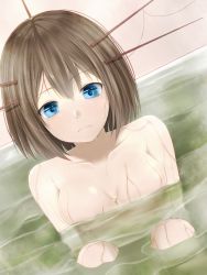 Rule 34 | 10s, 1girl, bath, blue eyes, breasts, brown hair, hair ornament, highres, kantai collection, maya (kancolle), nude, partially submerged, personification, short hair, solo, yuushin
