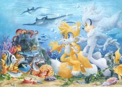 Rule 34 | 2boys, air bubble, alternate costume, animal ears, barefoot, blue eyes, brown eyes, bubble, coral, crab, finik, fish, furry, furry male, manta ray, multiple boys, octopus, rock, sand, shell, signature, silver the hedgehog, sonic (series), tail, tails (sonic), underwater