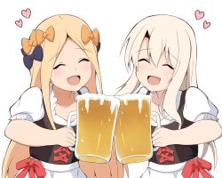 Rule 34 | 2girls, :d, ^ ^, abigail williams (fate), alcohol, bad id, bad pixiv id, beer, beer mug, black bow, blonde hair, blush, bow, closed eyes, collarbone, cup, dirndl, facing viewer, fate/grand order, fate (series), foam, german clothes, hair between eyes, hair bow, heart, highres, holding mug, illyasviel von einzbern, mitchi, mug, multiple girls, open mouth, orange bow, parted bangs, puffy short sleeves, puffy sleeves, red bow, shirt, short sleeves, simple background, smile, toasting (gesture), white background, white shirt