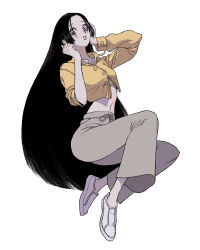 Rule 34 | 1girl, black hair, blush, collarbone, crop top, full body, grey pants, hair over one eye, hand on own head, hands up, highres, jumping, long hair, long sleeves, looking at viewer, midriff, muryo, navel, original, pants, parted lips, partially unbuttoned, purple eyes, shirt, shoes, sidelocks, simple background, sleeves rolled up, solo, sports bra, straight hair, surprised, very long hair, white background, white footwear, wide-eyed, yellow shirt