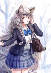 Rule 34 | 1girl, animal ear fluff, animal ears, arknights, bag, bare tree, bell, blazer, blue bow, blue jacket, blue skirt, bow, braid, breasts, brown eyes, collared shirt, commentary request, cowboy shot, diagonal-striped bow, dress shirt, garvini, grey hair, hair between eyes, hand up, highres, jacket, long hair, looking at viewer, open clothes, open jacket, plaid, plaid skirt, pleated skirt, pramanix (arknights), school bag, school uniform, shirt, skirt, small breasts, solo, tail, tiger ears, tiger girl, tiger tail, tree, twin braids, very long hair, white shirt