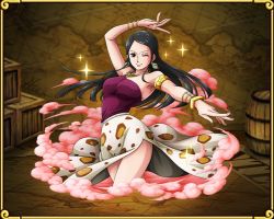 Rule 34 | 1girl, black hair, dancer, dancing, dress, earrings, female focus, jewelry, long hair, necklace, nico robin, official art, one piece, one piece: treasure cruise, solo, aged down
