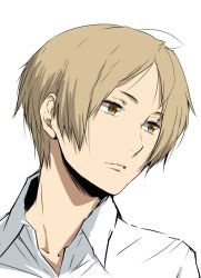 Rule 34 | 1boy, close-up, closed mouth, enami katsumi, light brown hair, looking to the side, male focus, natsume takashi, natsume yuujinchou, portrait, shirt, simple background, slit pupils, solo, white background, white shirt, yellow eyes