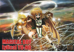Rule 34 | 1boy, :d, belt, blue eyes, brown hair, buckle, building, cape, character name, city, city lights, full body, looking at viewer, lyrical nanoha, mahou shoujo lyrical nanoha, male focus, non-web source, open mouth, outdoors, parody, smile, solo, uniform, yuuno scrya