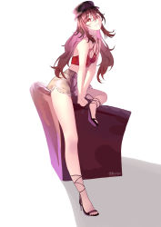 Rule 34 | 1girl, alternate costume, bare shoulders, black hat, black legwear, blush, breasts, brown hair, cleavage, collarbone, commentary, couch, derlyt, english commentary, eyelashes, flower-shaped pupils, genshin impact, grin, hair between eyes, hat, high heels, highres, hu tao (genshin impact), long hair, medium breasts, orange eyes, red tank top, short shorts, shorts, sidelocks, simple background, sitting, smile, solo, spaghetti strap, symbol-shaped pupils, tank top, twitter username, v arms, white background, yellow shorts