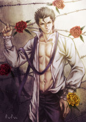 Rule 34 | 1boy, ahoge, barbed wire, black hair, diarmuid ua duibhne (lancer) (fate), fate/stay night, fate/zero, fate (series), flower, fufu (dewkaede), male focus, mole, mole under eye, open clothes, open shirt, red flower, red rose, rose, shirt, signature, solo, watermark, yellow eyes, yellow flower, yellow rose