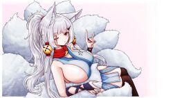 Rule 34 | 1girl, animal ears, blue dress, blue gloves, breasts, dress, fingerless gloves, fox ears, fox girl, fox shadow puppet, fox tail, gloves, hair tie, highres, kneehighs, large breasts, looking at viewer, one eye closed, original, ponytail, red eyes, red scarf, scar, scar across eye, scarf, sideboob, sidelocks, simple background, socks, solo, tail, tazaigo, white background, white hair