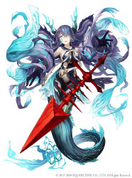 Rule 34 | 1girl, absurdly long hair, absurdres, black skin, breasts, collarbone, colored skin, cracked skin, earrings, empty eyes, fins, full body, glowing, glowing eyes, glowing veins, hair over one eye, highres, horns, jewelry, ji no, large breasts, long hair, looking at viewer, mermaid, monster girl, multicolored skin, ningyo hime (sinoalice), official art, polearm, purple hair, sailor collar, sinoalice, solo, spear, square enix, torn clothes, very long hair, water, weapon, webbed hands, white background
