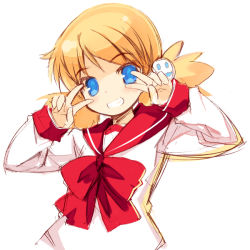 Rule 34 | 1girl, :d, blonde hair, blue eyes, blush, bow, double v, grin, hair ornament, head tilt, kurasuke, long sleeves, looking at viewer, low twintails, open mouth, red bow, sasamori karin, school uniform, serafuku, shirt, simple background, sketch, smile, solo, to heart (series), to heart 2, twintails, v, v over eye, white background, white shirt