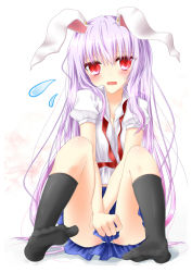 Rule 34 | 1girl, animal ears, bad id, bad pixiv id, between legs, black socks, blush, breasts, cleavage, clothes between thighs, collarbone, covering privates, covering crotch, female focus, flying sweatdrops, full body, hand between legs, long hair, looking at viewer, no jacket, no shoes, open clothes, open mouth, open shirt, panties, pantyshot, pink hair, puffy sleeves, rabbit ears, red eyes, reisen udongein inaba, ribbon, shirt, short sleeves, sitting, skirt, socks, solo, tetsu tissue, touhou, underwear, upskirt, v arms, wavy mouth, white panties