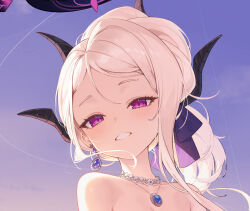Rule 34 | 1girl, bare shoulders, bead necklace, beads, black halo, black horns, blue archive, collarbone, commentary, dkxlek, earrings, halo, highres, hina (blue archive), hina (dress) (blue archive), horns, jewelry, looking at viewer, medium hair, necklace, official alternate costume, official alternate hairstyle, purple eyes, solo, upper body, white hair