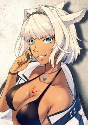 Rule 34 | 1girl, animal ears, ark ford, bikini, black bikini, blue eyes, breasts, caenis (fate/grand order), choker, cleavage, dark-skinned female, dark skin, dated, dog tags, eyelashes, fate/grand order, fate (series), fingernails, grin, hair intakes, hairband, halterneck, highres, jacket, jewelry, long fingernails, looking at viewer, medium breasts, nail polish, necklace, portrait, shadow, short hair, signature, smile, solo, solo focus, swimsuit, tattoo, toothpick, upper body, white hair, white jacket, white nails, wristband