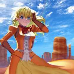 Rule 34 | 1girl, aqua eyes, ascot, blonde hair, blue sky, bow, breasts, brown gloves, butte, closed mouth, cloud, cloudy sky, cross-laced clothes, day, desert, dress, elbow gloves, gloves, hair between eyes, hair bow, kiroku nanaki (52+2), long hair, long sleeves, looking at viewer, maya schrodinger, orange dress, outdoors, red ascot, sky, smile, solo, wild arms, wild arms 3