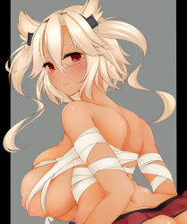 Rule 34 | 10s, 1girl, absurdres, ass, blonde hair, blush, breasts, budget sarashi, butt crack, dark-skinned female, dark skin, glasses, headgear, highres, kantai collection, large breasts, long hair, looking at viewer, looking back, md5 mismatch, musashi (kancolle), outside border, pillarboxed, pointy hair, red eyes, rimless eyewear, sarashi, skirt, solo, suiren (mystia6b), twintails, two side up