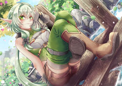 Rule 34 | 1girl, asymmetrical sleeves, black bow, black gloves, blush, boots, bow, brown footwear, dutch angle, elf, fantasy, gensox, gloves, goblin slayer!, green eyes, green hair, green thighhighs, hair between eyes, hair bow, hair intakes, high elf archer (goblin slayer!), highres, leaf, long hair, looking at viewer, outdoors, patreon username, pointy ears, rock, shorts, sidelocks, sitting, smile, solo, thighhighs, tree, uneven sleeves, very long hair, water, wood