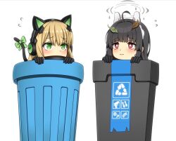 Rule 34 | 2girls, animal ear headphones, animal ears, arrow (symbol), black gloves, black hair, blue archive, blunt bangs, cat ear headphones, cat tail, commentary request, crossover, fake animal ears, fake tail, flying sweatdrops, girls&#039; frontline, gloves, green eyes, hair between eyes, hairband, halo, headphones, in trash can, leaf, leaf on head, light brown hair, long hair, looking at another, miyu (blue archive), multiple girls, ouga (user ctzw2237), peeking out, rabbit ears, recycle bin, recycling symbol, red eyes, sidelocks, simple background, tail, tmp (girls&#039; frontline), trash can, white background