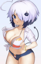 Rule 34 | 1girl, ahoge, bikini, bikini under clothes, black hair, blue eyes, bombergirl, bracelet, breasts, cleavage, clothes pull, collarbone, collared shirt, cowboy shot, denim, denim shorts, expressionless, eyelashes, gradient background, gray (bombergirl), hair ornament, hair over one eye, hands up, heart, heart ahoge, highres, jewelry, large breasts, light blue background, looking at viewer, midriff, multicolored bikini, multicolored clothes, multicolored hair, open clothes, open shirt, parted lips, pulled by self, shirt, shirt pull, short hair, short shorts, short sleeves, shorts, solo, strap gap, striped bikini, striped clothes, swept bangs, swimsuit, tail, tied shirt, wanyuudou (fwen5284), white hair, white shirt