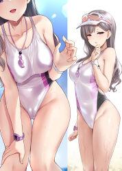 Rule 34 | 1girl, breasts, competition swimsuit, dripping, eyewear on head, fingernails, grey hair, highres, idolmaster, idolmaster shiny colors, large breasts, one-piece swimsuit, satou kuuki, swimsuit, visor cap, watch, wet, whistle, whistle around neck, white one-piece swimsuit, wristwatch, yukoku kiriko